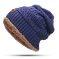 Dark blue knitted beanie with thick brown fleece lining and decorative leather patch - Hat-Adult / Navy Blue