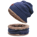 Winter thermal thick fleece lined knitted beanie hat and neck warmer set in navy blue - Set-Adult / Navy Blue