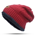 Deep red knitted beanie hat with thick navy blue fleece lining for winter warmth - Hat-Adult / Burgundy