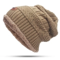 Winter thick knit beanie hat in dark khaki with warm sherpa fleece lining inside - Hat-Adult / Khaki