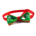 Detail of red and green Merry Christmas pet bowtie with high-density ribbon texture - 1*(20-36)CM / Merry Christmas Snowman Snowflake Red Green (VN094-11)