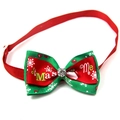 Detail of a Christmas pet bowtie with red green ribbon, snowflakes, and center rhinestone - VN088-8 Red Green Double Rhinestone