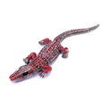 Realistic silver crocodile brooch with sparkling red rhinestones and black gem eyes - Red