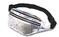 Close-up of holographic geometric fanny pack showing dual zippers and adjustable strap - Silver