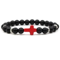 Bracciale elastico con perline in pietra nera opaca e ciondolo a croce rossa - Nero Opaco + Croce Rossa