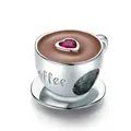 S925 sterling silver coffee cup charm with red heart gemstone for DIY bracelets - Afternoon Coffee SCC1286
