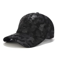 Detail view of the black camouflage pattern on a six-panel faux suede baseball cap - Adjustable / Black Camouflage