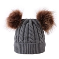 Dark grey cable knit baby winter hat with two large brown faux fur pom poms - Kid / Kid Grey