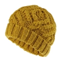 Detailed macro view of the thick ginger yellow diamond knit pattern on this winter hat - S (54-56cm) / Turmeric