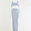Front view of light blue ribbed knit two-piece set with crop top and high waist maxi skirt - S / Light Blue