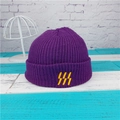 Purple ribbed knit beanie with yellow embroidered logo for men and women - Purple