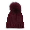 Detailed view of the ribbed knit texture and fluffy burgundy faux fur pompom on the beanie - Burgundy