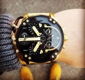 Close-up of gold oversized men's watch with four time zones and black dial - 7333 Gold Steel Band
