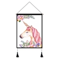 Nordic wall hanging tapestry featuring watercolor unicorn design with black tassels - Unicorn