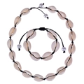 Bohemian shell jewelry set with necklace and bracelet featuring white pearls and black cord - Pearl Shell Set (Black)