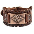 Vintage brown leather bracelet with bronze dragon totem and celtic knot design - Genuine Leather Antique Red Copper