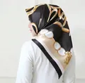 Black and beige satin square scarf featuring golden chain patterns and elegant tassels - #24 Black Chain Tassel