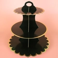 3-tier black disposable cardboard cupcake stand with elegant gold foil edge details - Black Scalloped Edge