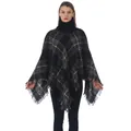 Women's turtleneck plaid poncho sweater with classic black and white grid and fringe trim - One Size / Black/White/Grey Plaid