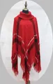 Women's red plaid knit poncho with turtleneck and tassel hem in a soft wool blend - One Size / Red White and Black Plaid