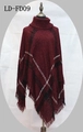 Women's dark red plaid knit poncho with high neck, fringe tassels, and white grid patterns - One Size / Deep Red Black and White Plaid