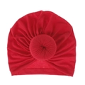 Close-up of bright red baby beanie featuring a 3D donut knot and soft ribbed fabric - One Size / Red