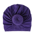 Close-up of a soft purple knit baby turban hat featuring a unique donut knot design - One Size / Dark Purple