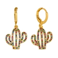 Gold cactus drop earrings with colorful zircon stones and round hoop fastener - Cactus / Gold