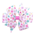 Close-up of floral ribbon hair clip with pink, blue and yellow daisy patterns - White Floral Style