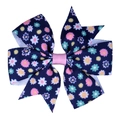 Detail of floral navy blue ribbon bow hair clip with pink ribbed center and flower print - Deep Blue Floral Style