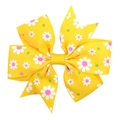 Close-up of yellow grosgrain ribbon bow hair clip with daisy and polka dot prints - Yellow Daisy Polka Dot