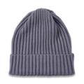 Detail of greyish purple ribbed knit beanie showing soft wool blend texture and folded cuff - Gray