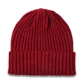 Detailed view of the thick ribbed knit texture on a wine red children beanie hat - Red