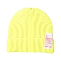 Detail of neon yellow ribbed knit beanie with white woven label on the folded cuff - Bright Yellow
