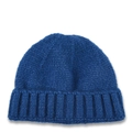 Close-up of blue knitted beanie with thick ribbed cuff and coarse texture pattern - Blue