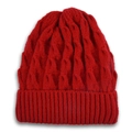 Detailed close-up of solid red cable knit hat featuring a wide ribbed cuff for winter - Red