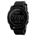 Digital sport watch for men with black silicone strap and waterproof round face display - Black