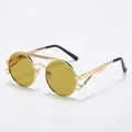 Steampunk round sunglasses with gold metal frame and green lenses featuring spring temples - Gold Frame Green Lens