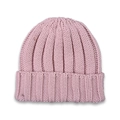 Macro detail of pink chunky knit beanie showing vertical ribbing and wide folded cuff - Pink