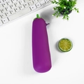 Cute purple eggplant shaped silicone pencil case with green stem and zipper closure - Eggplant