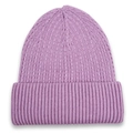 Detailed view of the thick lavender ribbed knit pattern on this warm winter beanie cap - Purple