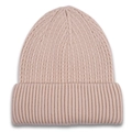 Detail view of the thick vertical rib knit texture and wide folded brim on this pink beanie - Beige