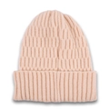 Detail of peach knit beanie showing ribbed cuff and textured checkerboard pattern weave - Beige