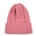 Pink chunky knit beanie hat with vertical ribbed texture and folded cuff for winter warmth - Pink
