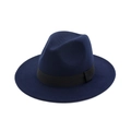 Detail view of navy blue wool fedora hat texture with a classic black decorative ribbon - Adjustable / Navy Blue