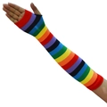 Rainbow striped knit arm warmers with thumb holes, 35cm long cosplay fingerless gloves - Fingerless Gloves Black Trim / Rainbow Striped Black Trim