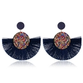 Bohemian fan-shaped tassel earrings in dark blue with colorful rhinestones on white background - Navy Blue