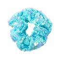 Glittering blue and teal gradient mermaid sequin scrunchie hair tie on white background - Iridescent Lake Blue
