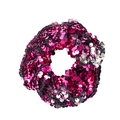 Detailed view of two-tone sequin hair scrunchie in shimmering rose red and silver colors - Rose Red Silver