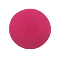 Top view of bright pink wool knit beret with a decorative stem on a clean white background - One Size / Rose Red